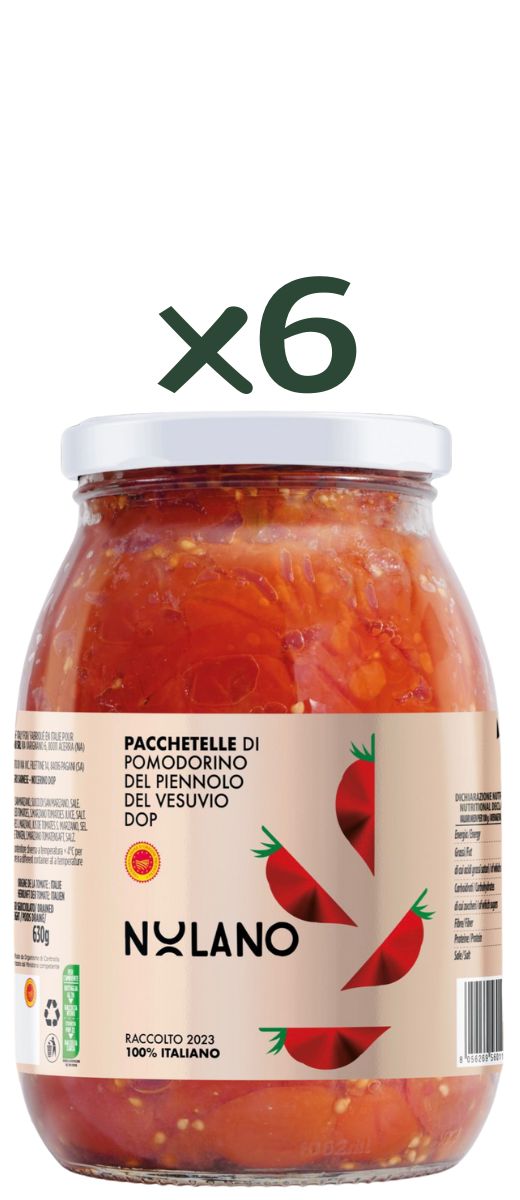 Pacchetelle di Pomodorini del Piennolo DOP 950g in Vetro Nolano (Confezione da 6)